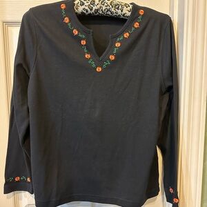 Black long sleeve tee, embroidered pumpkin detail at neck and sleeves, size:  PL